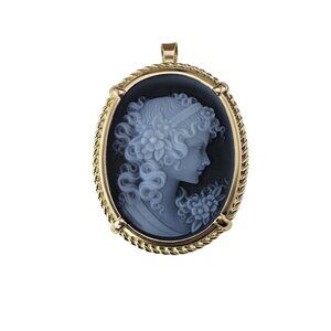 18K Yellow Gold Carved Agate Cameo Brooch/Pendant #24069